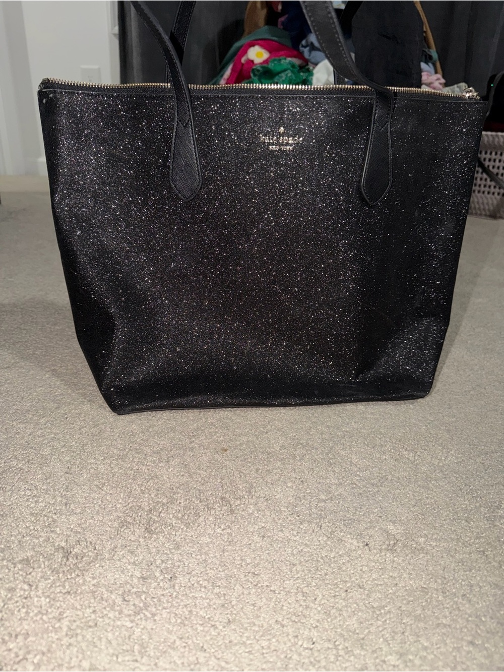 kate spade black glitter tote with zip top